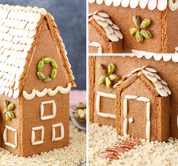 Close up photos of different parts of the gingerbread house