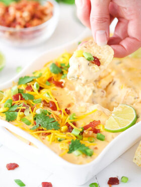 Bacon Cheddar Beer Cheese Dip in dish