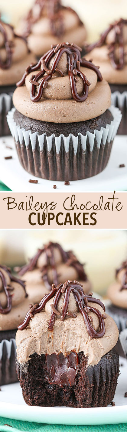 Baileys Chocolate Cupcakes! Chocolate cupcake, baileys ganache filling and Baileys frosting! So good!