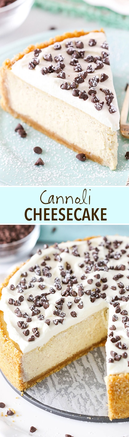 Cannoli Cheesecake! A perfect, creamy mix of ricotta and mascarpone cheese with a touch of cinnamon and mini chocolate chips!