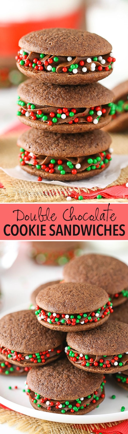 Double Chocolate Cookie Sandwiches! Soft chocolate cookies with chocolate frosting inside - they melt right in your mouth!
