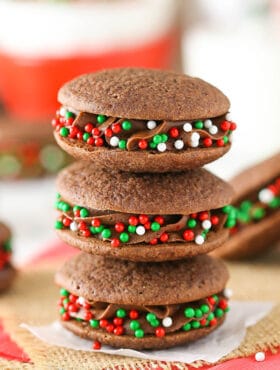 close up image of stack of Double Chocolate Cookie Sandwiches