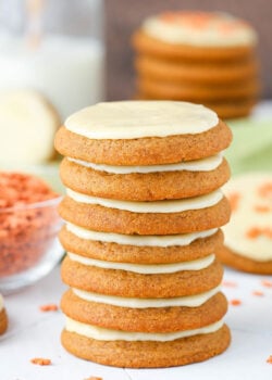 A stack of gingerbread cookies with eggnog icing.