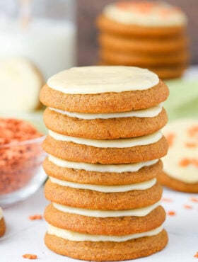 A stack of gingerbread cookies with eggnog icing.