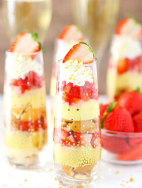image of Mini Strawberry Champagne Trifles in glasses