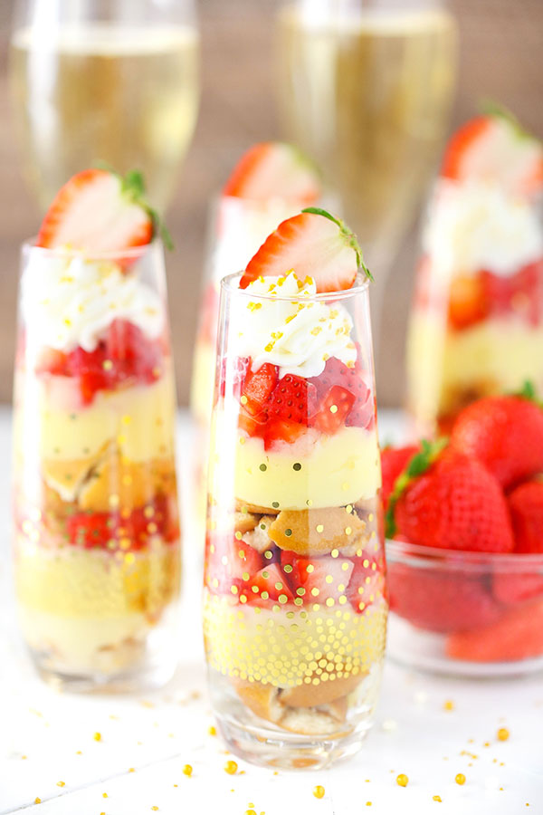 image of Mini Strawberry Champagne Trifles in glasses