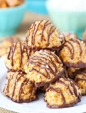 close up image of No Bake Salted Caramel Coconut Macaroons