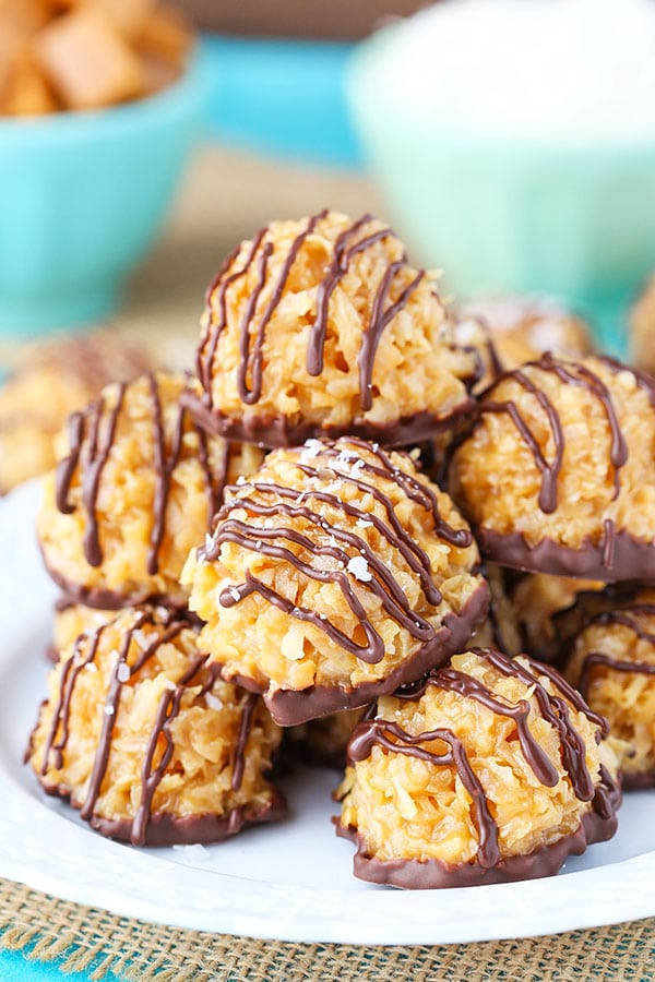 close up image of No Bake Salted Caramel Coconut Macaroons