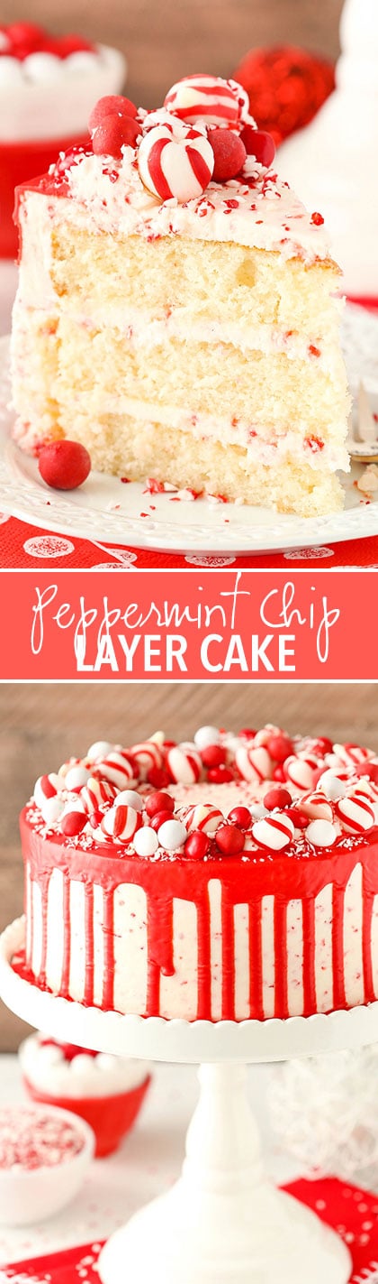 Peppermint Chip Layer Cake! Peppermint cake with peppermint chip frosting and a candy wreath around the top! Perfect for Christmas!