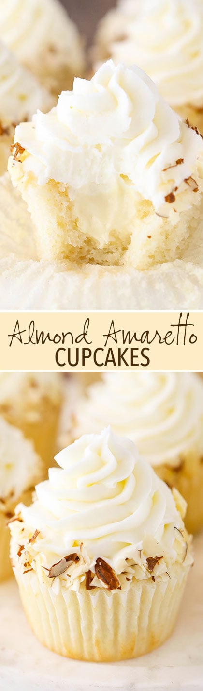 Almond Amaretto Cupcakes - almond cupcakes and frosting with a whipped amaretto filling! So good!