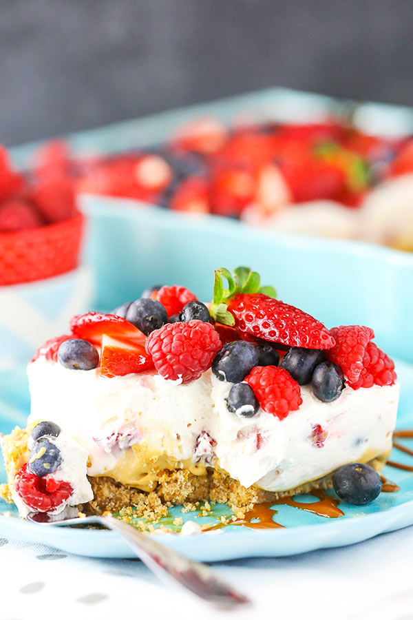 Image of a Slice of Berries and Cream Layer Dessert on a Plate
