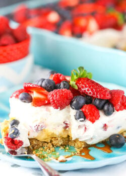 Image of a Slice of Berries and Cream Layer Dessert with Dulce de Leche