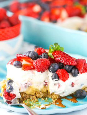 Image of a Slice of Berries and Cream Layer Dessert with Dulce de Leche