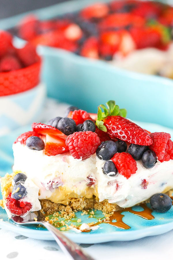 Image of a Slice of Berries and Cream Layer Dessert with Dulce de Leche on a Plate