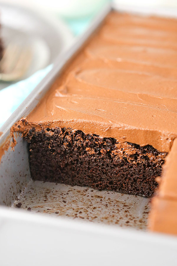 Chocolate sheet cake in a baking pan with a slice taken out of it.