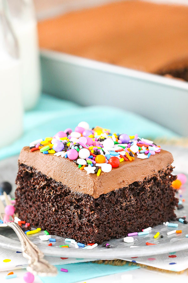 Chocolate sheet cake on a plate topped with sprinkles.