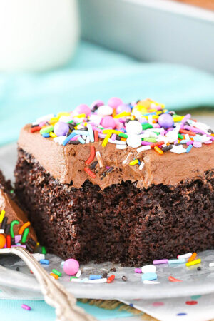 A slice of chocolate sheet cake on a plate with a bite taken out of it.