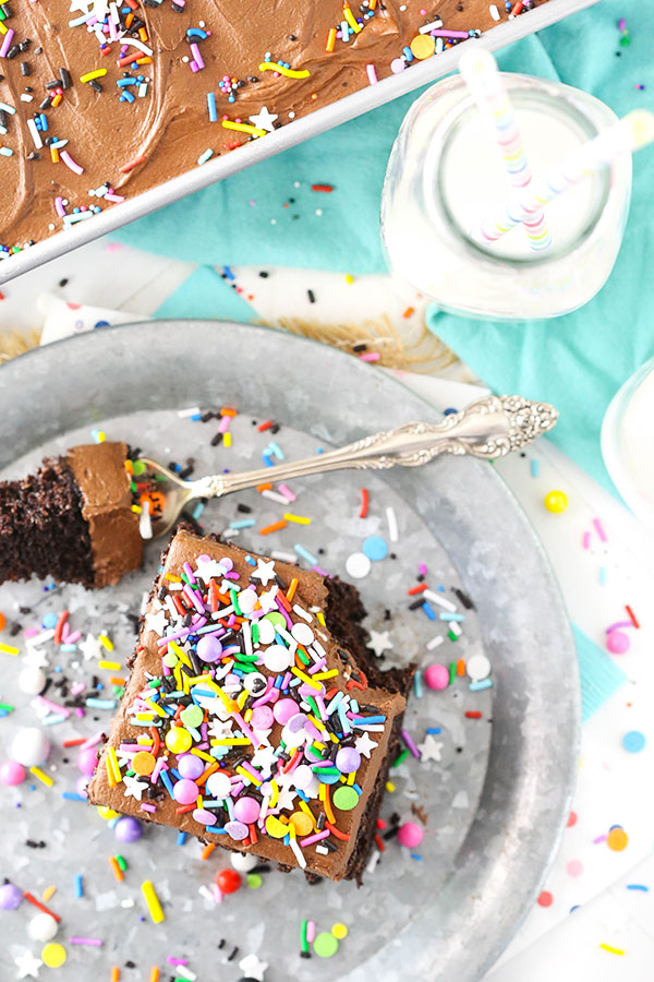 Overhead image of a slice of chocolate sheet cake on a plate.