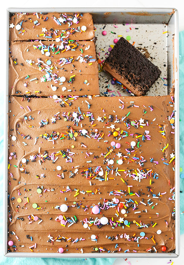 Overhead image of chocolate sheet cake with a couple of slices taken out of it.