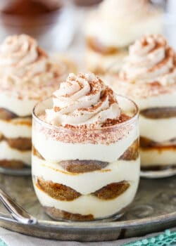 A close-up shot of a mini tiramisu trifle