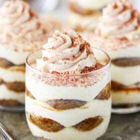 A close-up shot of a mini tiramisu trifle