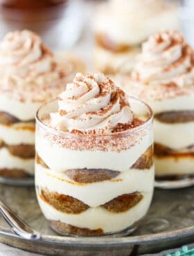 A close-up shot of a mini tiramisu trifle