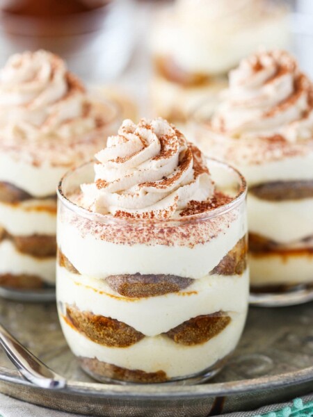 A close-up shot of a mini tiramisu trifle