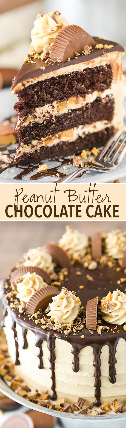 Peanut Butter Chocolate Layer Cake - filled with Reese's between the layers and so good!