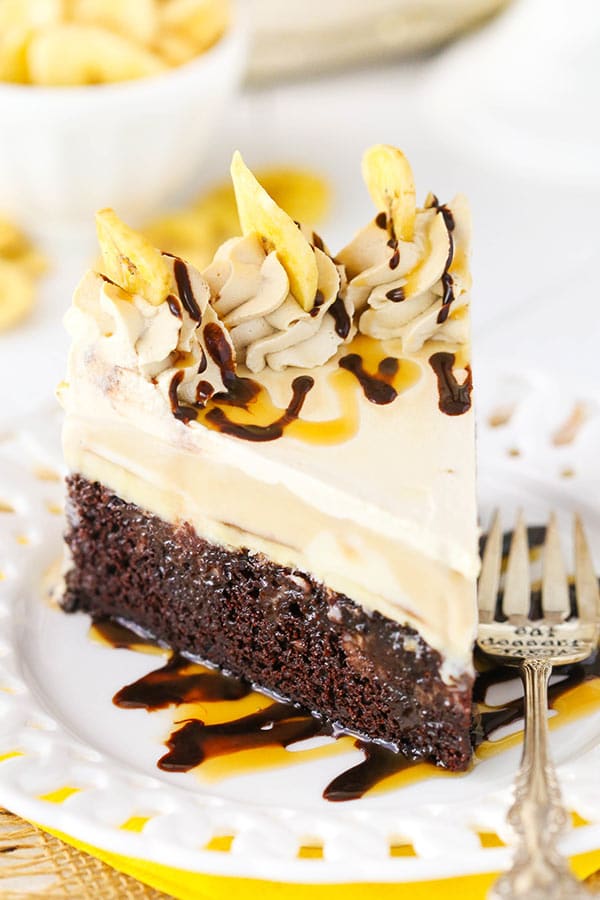 Banana Mocha Chocolate Ice Cream Cake - moist chocolate cake with bananas foster and cold brew ice cream! So good!