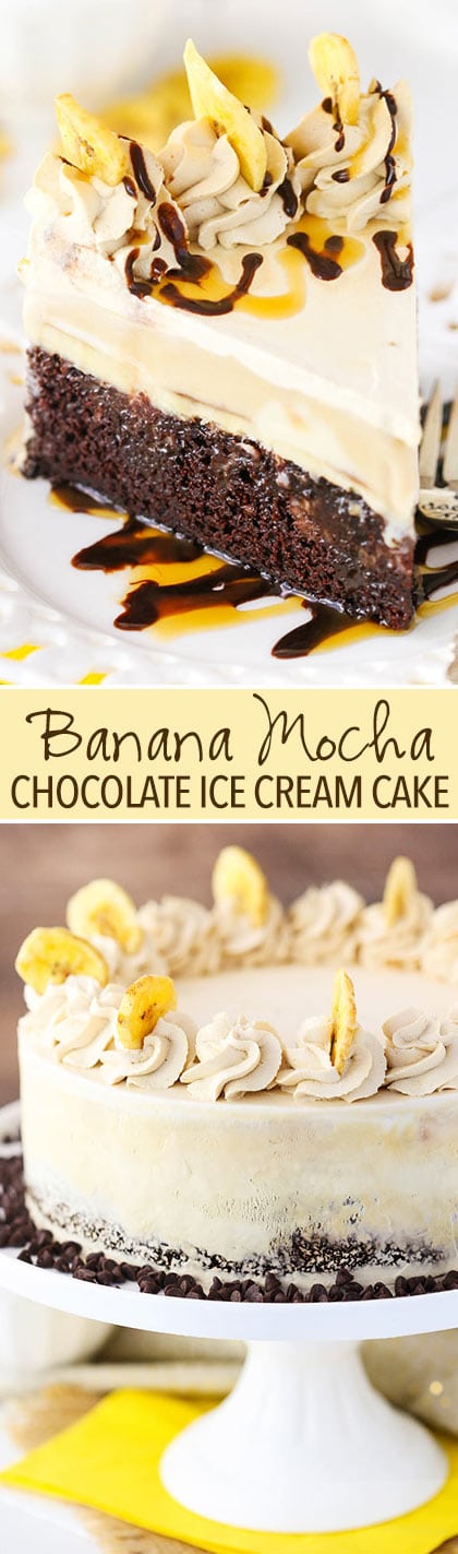 Banana Mocha Chocolate Ice Cream Cake - moist chocolate cake with bananas foster and cold brew ENLIGHTENED ice cream! So good!