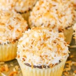 close up image of Coconut Macaroon Cupcakes on tray