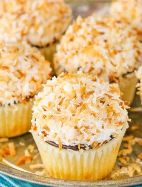 close up image of Coconut Macaroon Cupcakes on tray