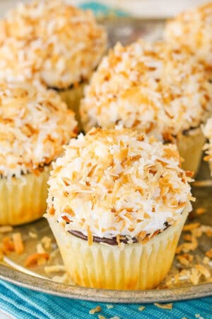 close up image of Coconut Macaroon Cupcakes on tray