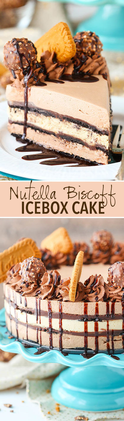 Nutella Biscoff Icebox Cake - layers of Nutella and Biscoff filling, chocolate cookies and chocolate ganache! No bake and so good!