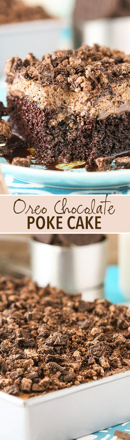 Oreo Chocolate Poke Cake - an easy homemade chocolate cake covered in more chocolate and Oreo whipped cream! So good!
