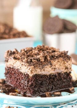 close up image of Oreo Chocolate Poke Cake