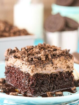 close up image of Oreo Chocolate Poke Cake