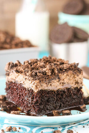close up image of Oreo Chocolate Poke Cake