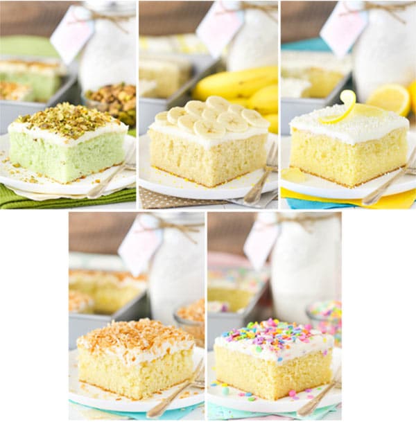 A Collage of Slices of Cake in Vanilla, Lemon, Banana, Pistachio and Coconut Flavors