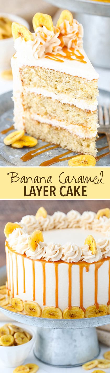 Caramel Banana Layer Cake! Moist banana cake covered with caramel sauce and caramel frosting!
