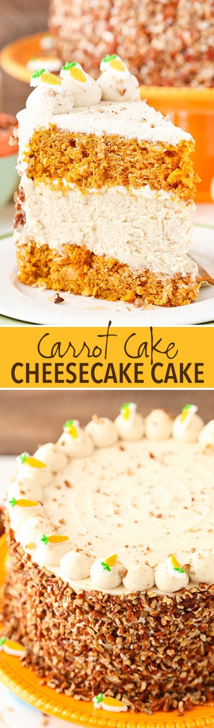 Carrot Cake Cheesecake Cake - layers of moist carrot cake and cinnamon cheesecake! A great dessert for Easter!