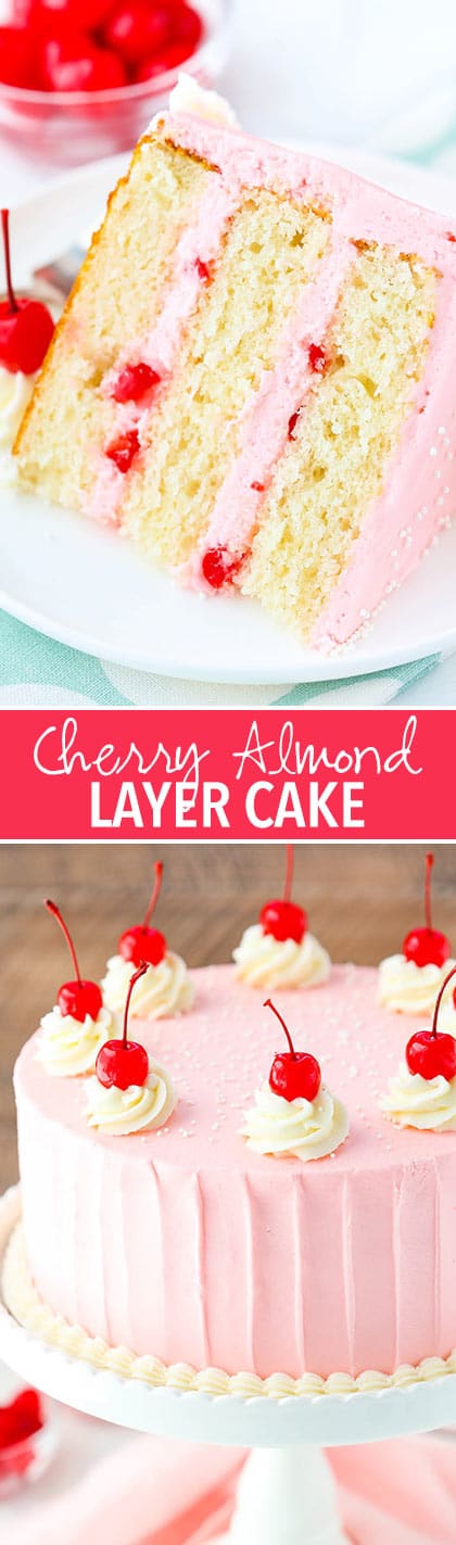 Cherry Almond Layer Cake - a light almond cake, cherry frosting and bits of cherry between the cake layers! So good!