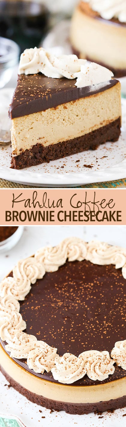 Kahlua Coffee Brownie Cheesecake - a dense brownie bottom, kahlua coffee cheesecake, kahlua chocolate ganache and kahlua whipped cream! Such a rich, creamy and delicious cheesecake!