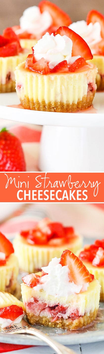 Mini Strawberry Cheesecakes - vanilla cheesecakes full of fresh strawberries!