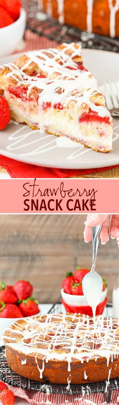 Strawberry Snack Cake - moist cake full of strawberries, cream cheese filling and cinnamon sugar! Great for breakfast or a snack!