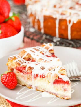 Slice of Strawberry Snack Cake on plate