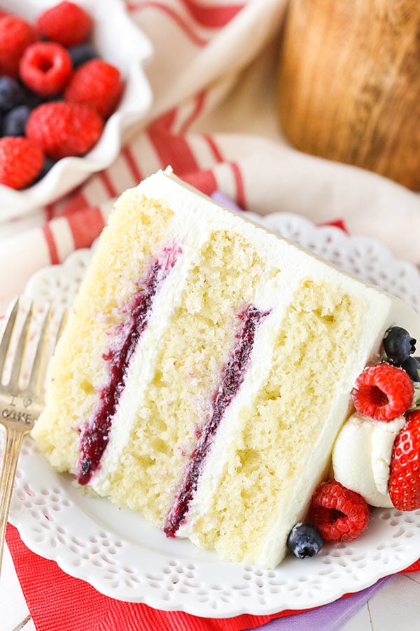 Berry Mascarpone Layer Cake slice showing filling layers