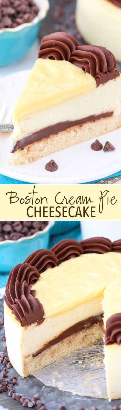 Boston Cream Pie Cheesecake - a vanilla cake bottom, fudgy chocolate ganache filling, thick and creamy cheesecake and pastry cream topping! So good!