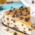 Caramel Chocolate Chip Cheesecake on plate