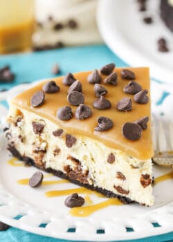 Caramel Chocolate Chip Cheesecake on plate